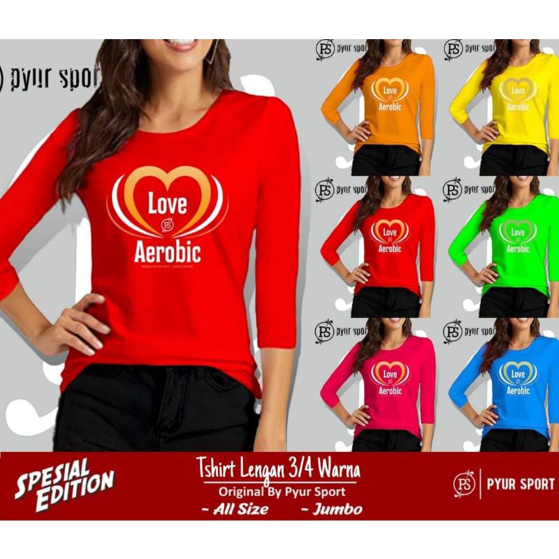 Baju Senam Wanita Aerobic Zumba Fitnes Yoga Tshirt Warna Lengan 3/4 Pyur Sport