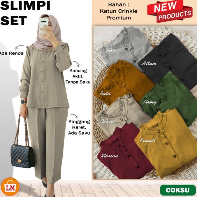 LM 29288 Setelan Baju Celana Wanita Muslim SLIMPI SET Katun Crinkle