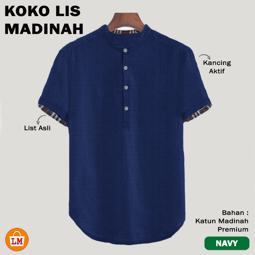 Baju Koko Pria Muslim LIS MADINAH Katun Adem Lengan Pendek Big Size M-2XL LMS 30147