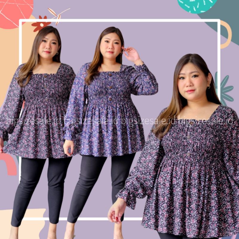 Atasan Wanita Jumbo LD 120 XXL Blouse Big Size Lengan Panjang Blus Motif Bunga Korean Bigsize Terbar