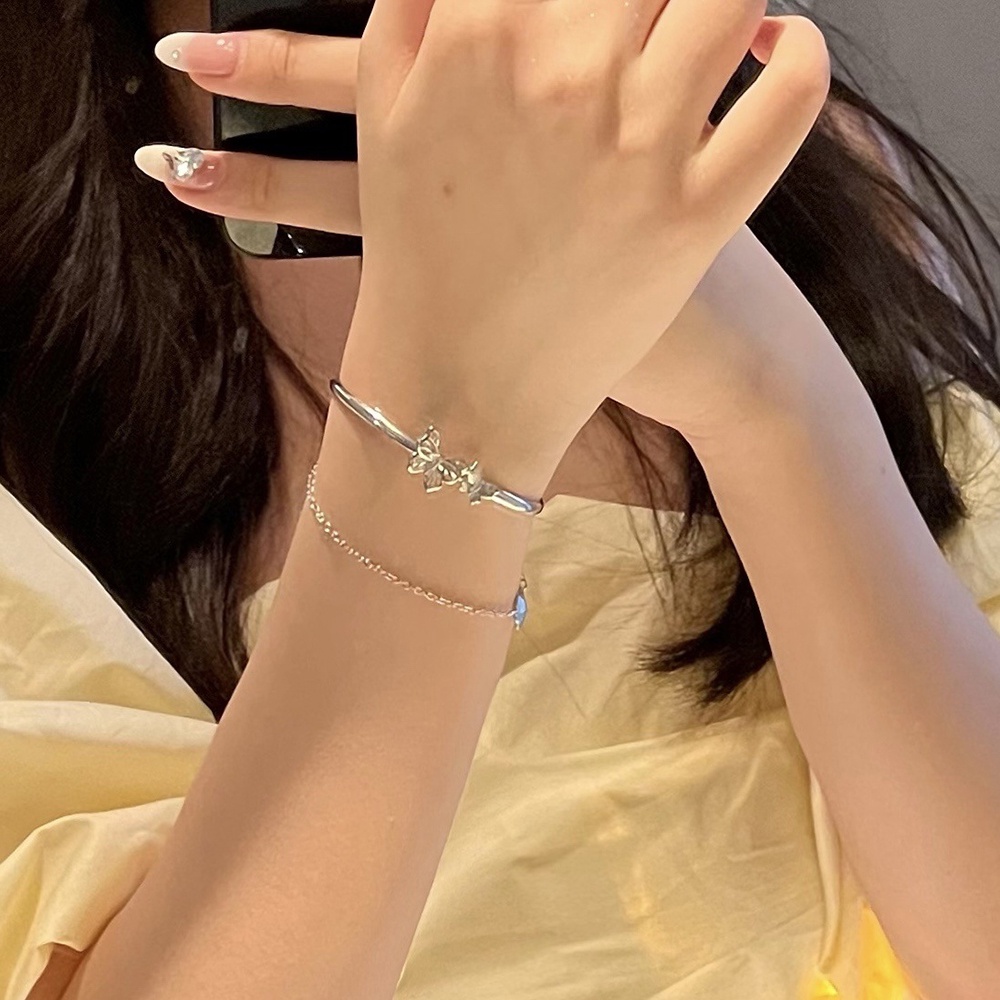 S925 Perak Lapisan Ganda Kupu-Kupu Rantai Bangle Wanita Gelang Fashion Perhiasan