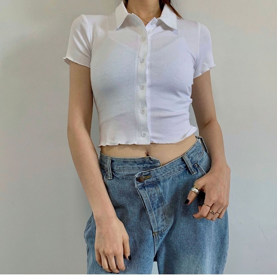 ✧✥Suhao American Retro Lapel Button-Down Kayu Telinga Lengan Pendek T-shirt Cardigan Pinggang Tinggi Pusar Pendek Slim-fit Single-Breasted Top