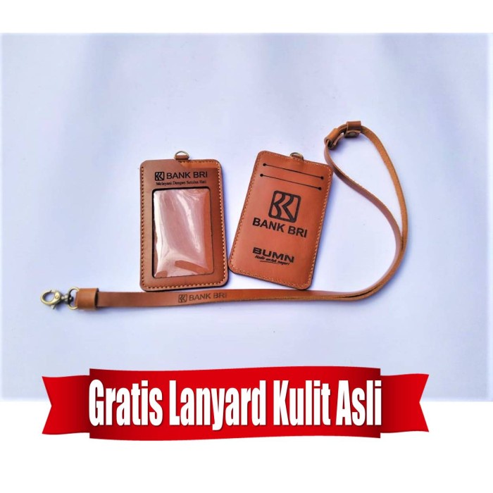 

TERPERCAYA Name Tag ID card Holder Bank BRI Kulit Asli Bonus Tali Lanyard Code 1095