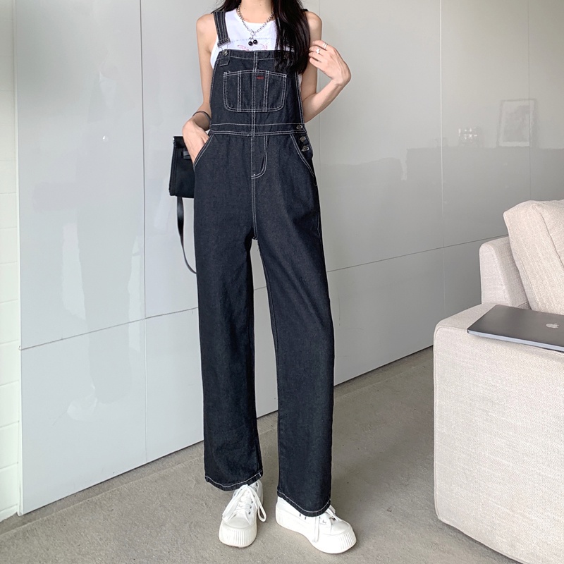 Overall Biru Kaki Lebar Longgar Pinggang Tinggi Gaya Korea Wanita---Kelabu Hitam Celana Kodok Jeans Wanita