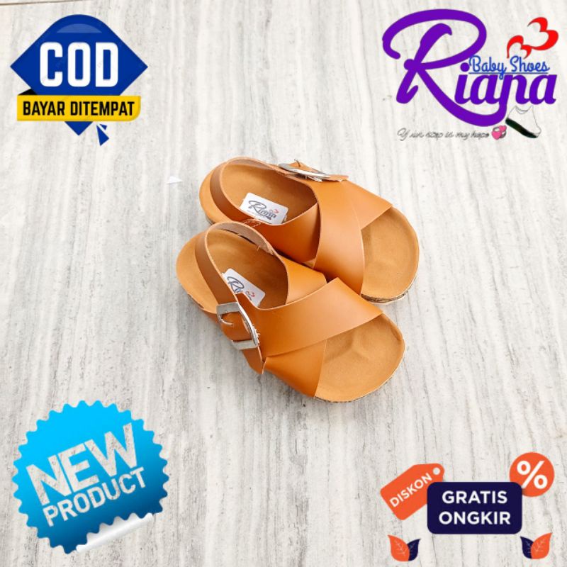 BA53 Sandal Anak Birken kulit sintetis Leather premium tebal motif Silang sintetis gesper murah terbaru usia 10-30 Bulan