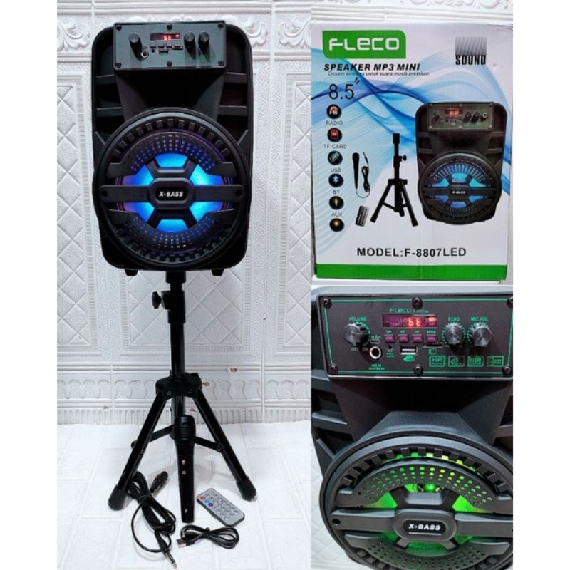 Speaker Bluetooth Fleco F8807/8806 Bonus stand Speaker Mic Karaoke/Speaker Portable Radio Fm/Salon Aktif Wireless Super Bass