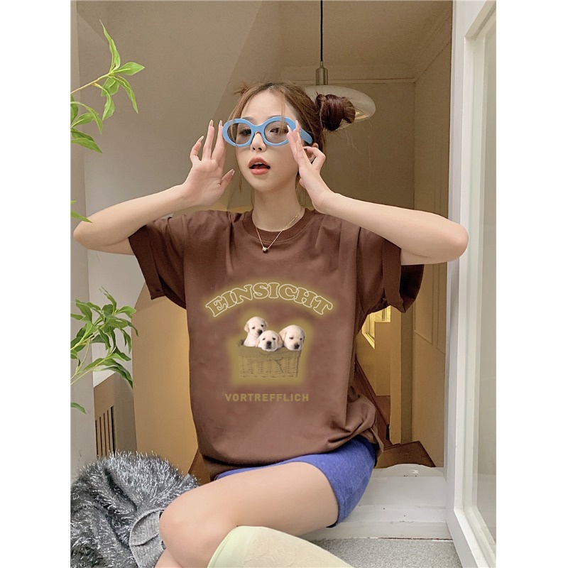 American Vintage Dog and Letter Pattern printing Overszie T-shirt baju kaos wanita/kaos puith/baju atasan wanita