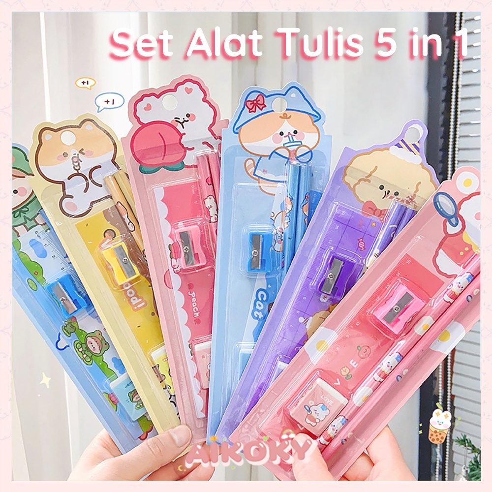 Aikoky Pensil Set Alat Tulis 5 in 1/Pensil Penghapus Stationary Set Anak