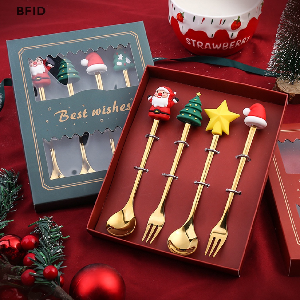 [BFID] 4pcs/6pcs Christmas Gift Cutlery Sendok Garpu Set Elk Dekorasi Pohon Natal Dessert Spoon Fruit Fork Sendok Kopi Cutlery Gift [ID]