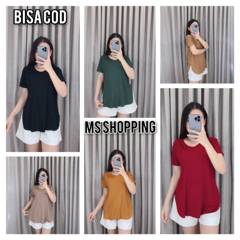 Kaos Wanita Polos Baju Atasan Cewek Tshirt Split Bawah Lengen Pendek Vneck Oversize