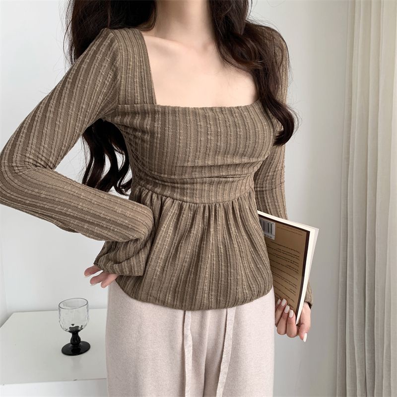 ﹍✼Suhao gaya hasrat murni hot girl square collar long-sleeve t-shirt wanita musim gugur dan musim dingin trumpet sleeve bottoming shirt dengan slim fit dan thin belly cover top