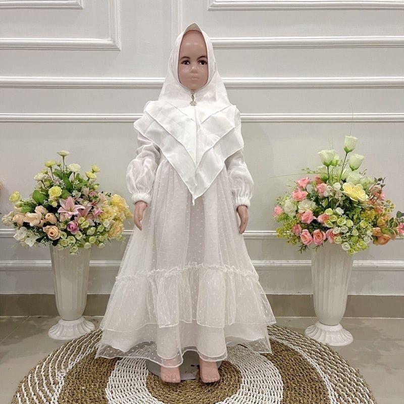 Setelan Anak Perempuan Gamis Tile Polka Oneset Tanggung Terbaru 2022 Baju Muslim Lebaran Anak Cewek 