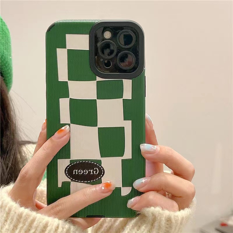 Ins Fresh Green Grid Cocok Untuk Iphone14 14pro 14Plus 14prm Iphone13 13prm iPhone 11 7Plus 8Plus Xr XS 12 Pro Max Empat Sudut Casing Ponsel Tahan Guncangan