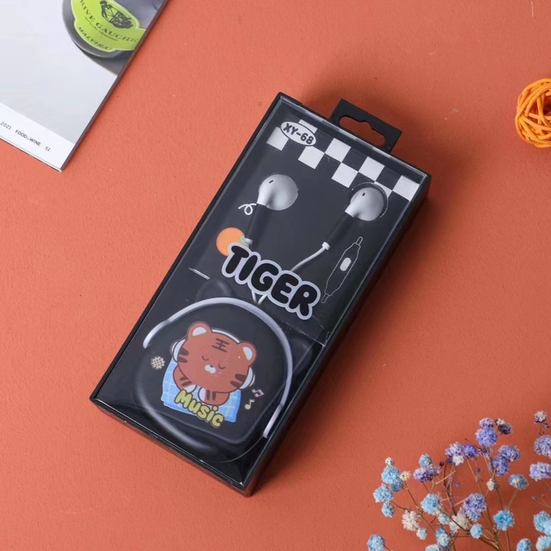 [ XY 68 ] Set Headset Earphone karakter seri XY 68 motif Tiger Animal  plus Wadah penyimpanan Earphone Motif