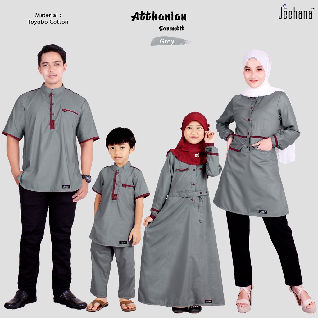 Sarimbit Athanian Grey /Seragam Keluarga Abu Abu Polos Bahan Katun Toyobo Fodu /Gamis dan Koko Coupl
