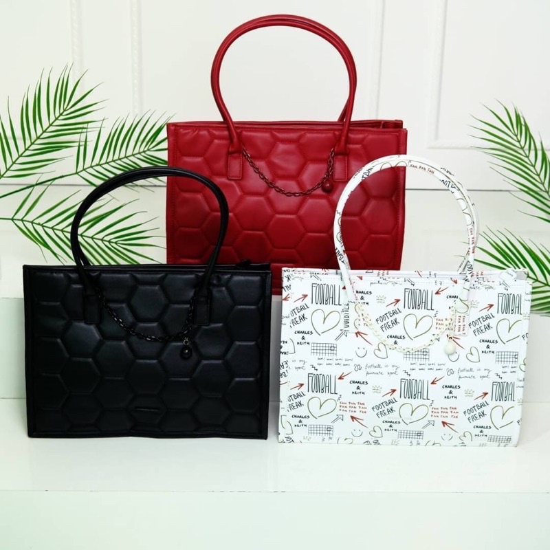 Tas Kulit Jinjing Wanita CK Leather Football Top Handle Bag Premium Import, Hitam Black Putih White 