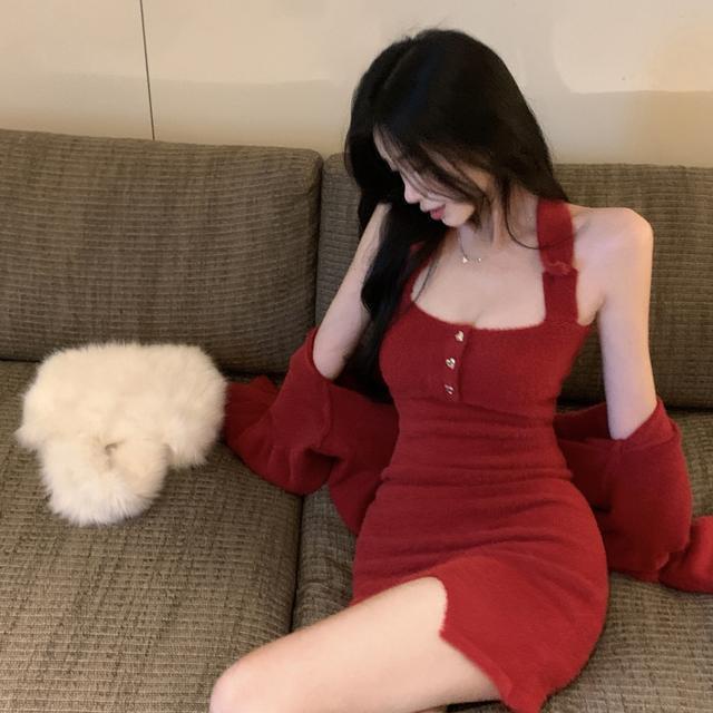 Suhao Musim Dingin Baru Gaun Merah Natal wanita One-piece Suit Halter Neck Slim Slim Sweter Gaun Kardigan Mantel Pendek