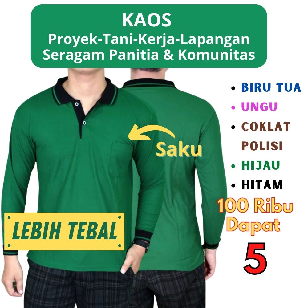 100 Ribu 5 Kaos Pria Kerah Lengan Panjang Polo Polos Kerja Kuli Bangunan Lapangan Tani Proyek Basahan Seragam Murah ADem