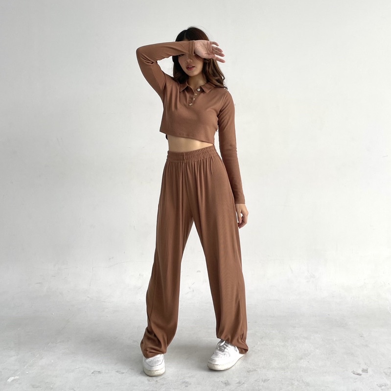 NUO SET | Setelan Wanita Ribbed Knit Set Polo Top Lengan Celana Panjang Highwaist Highwaisted Pants