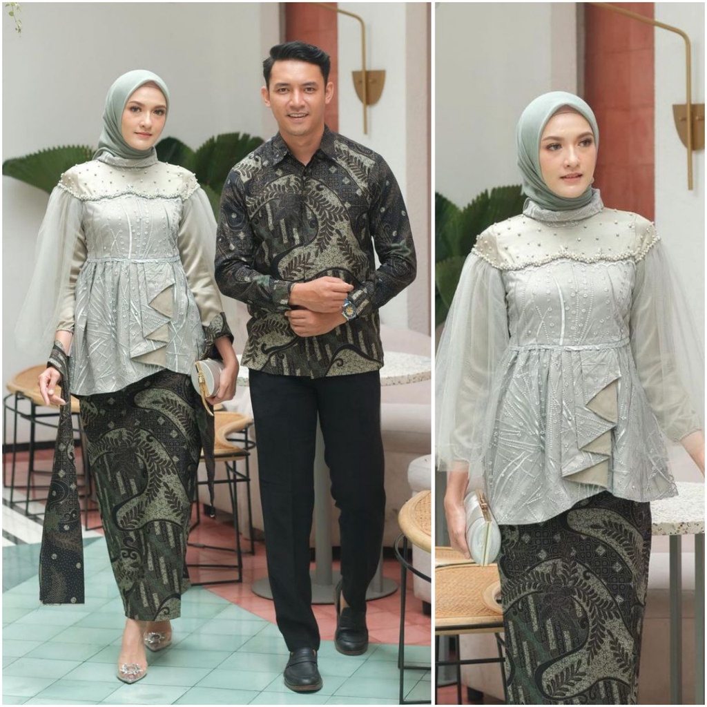 Kebaya modern wisuda couple batik brukat remaja terbaru mewah satu set pasangan keluarga baju pesta tunangan lamaran kondangan wanita muslim kekinian model vanila