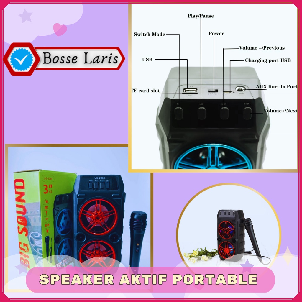 Jual Speaker Aktif Bluetooth Box Portable Double Bass Free Mic Karaoke