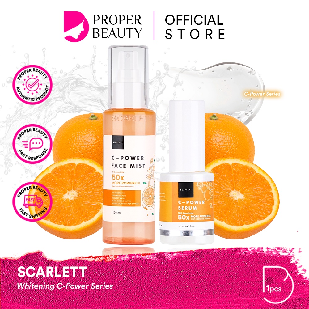 SCARLETT Whitening C-Power Series Indonesia / 50X More Powerful Than Traditional Vitamin C / Brightening / Mencerahkan Melembabkan Kulit / Skincare Face Care / Perawatan Wajah / Paket Combo Series / Facial Wash Toner Mist Serum Mistry Cream Moisturizer