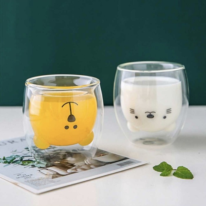 HOUSEWARE- Gelas Kaca Lucu DOUBLE WALL Jus Juice Susu Estetik Kekinian Bear