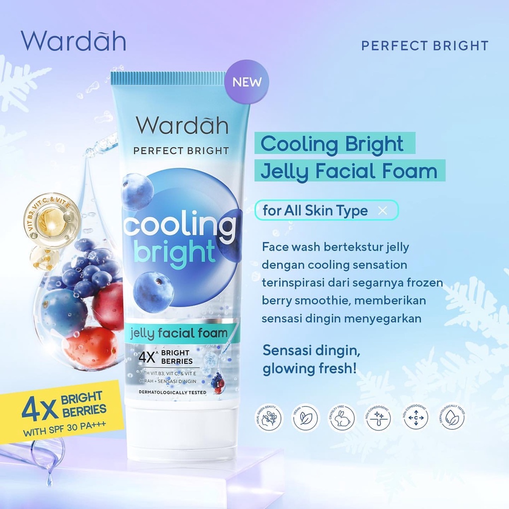 WARDAH Perfect Bright Jelly Facial Foam Cooling Bright Indonesia / Pembersih Wajah 100ml / 4X Bright Berries / With Vit B3 C E / Cerah + Sensasi Dingin / Skincare Face Care Series / Facial Wash Cleanser Cleansing Sabun Cuci Muka Pencerah Berminyak Glowing