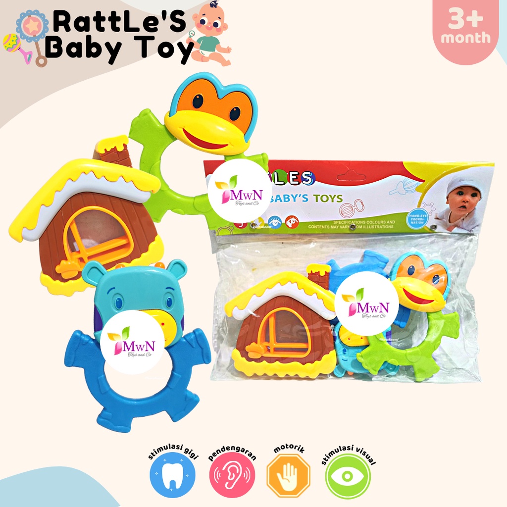 MWN Mainan Edukasi Bayi Rattle Teether Baby Toys 2 in 1 isi 3pc