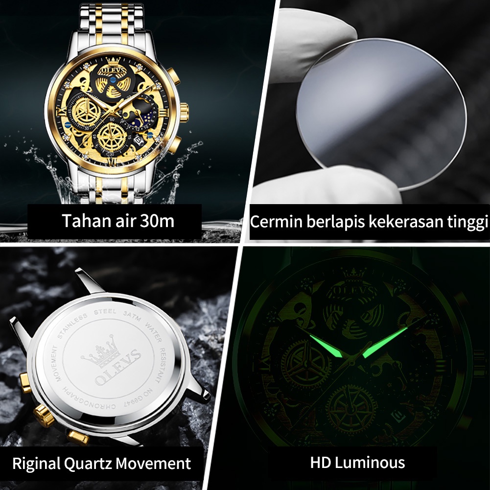 OLEVS Jam Tangan Pria Original Anti Air Tahan Keren Led Hitam Stainless Steel Luxury Watch Men