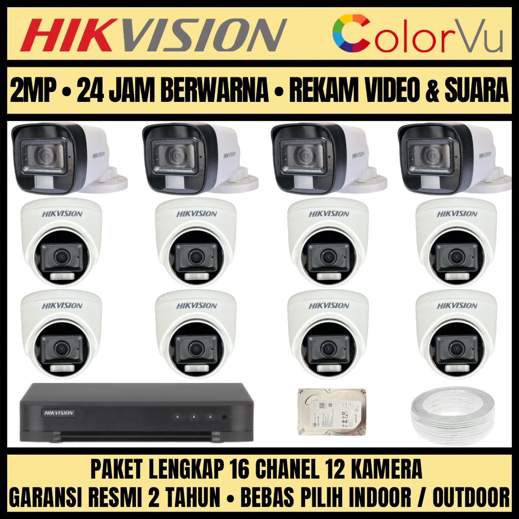 PAKET CCTV HIKVISION COLORVU 2MP 16 CHANNEL 12 CAMERA KAMERA CCTV COLORFUL