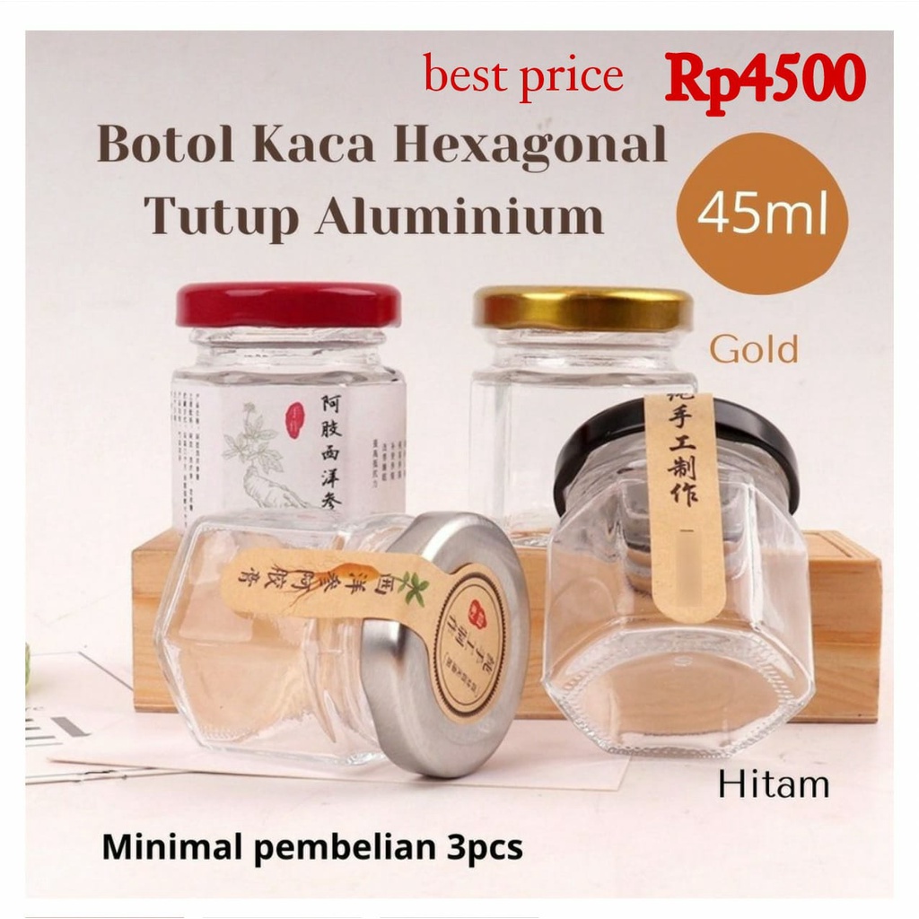 Botol Jar Kosong Hexagonal Jar Kaca Bumbu Madu Selai Sambal Botol Saripati Bird Nest    45ml