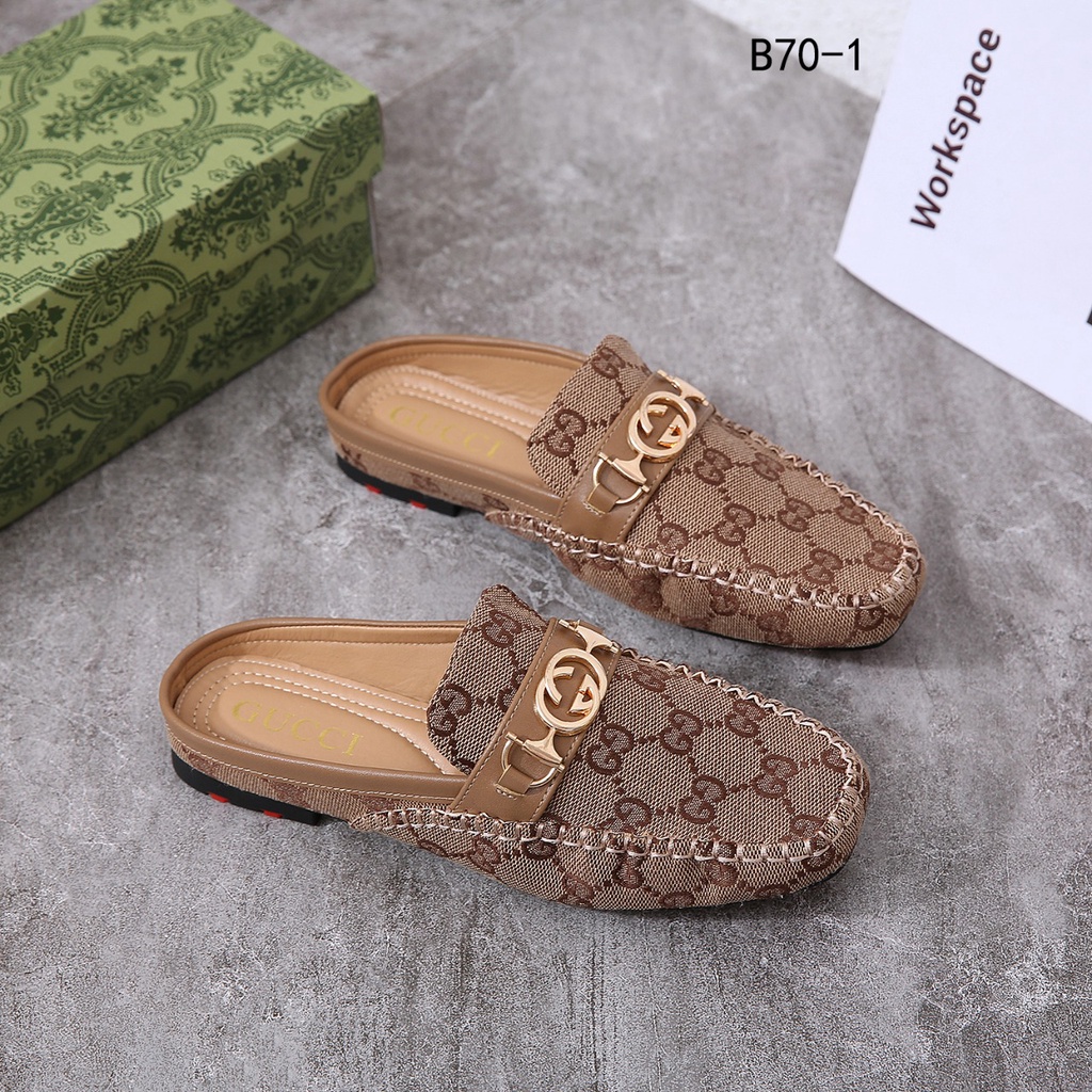 GC  GG Canvas Upper Case Flat Open Back Loafer B70-1