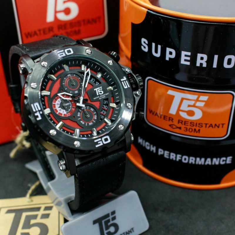 jam tangan pria Mewah T5 H3641G Tali Kulit Hitam Merah Chrono aktif Original