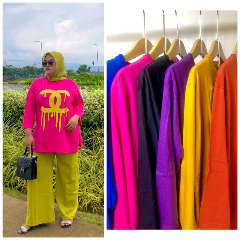 Gaumi - Setelan one set wanita kekinian kaos combed model oversize viral ukuran jumbo