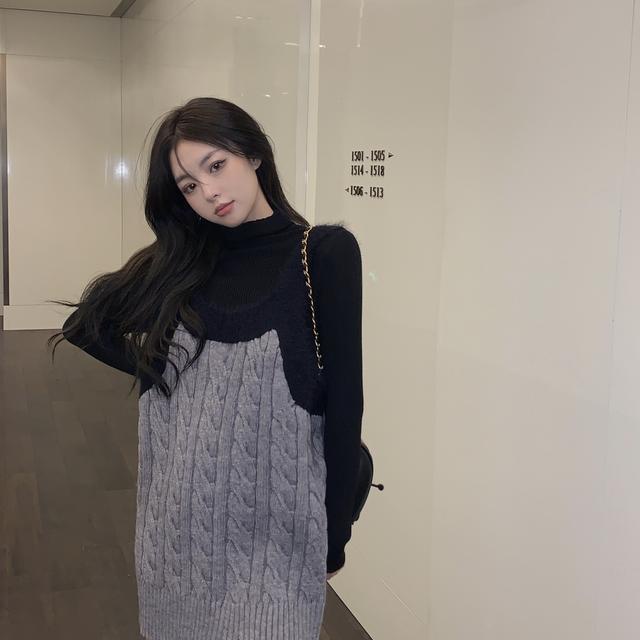 Suhao abu-abu twist rajutan suspender rok wanita longgar bagian pendek semua pertandingan gaun one-piece setelan rok Korea kecil