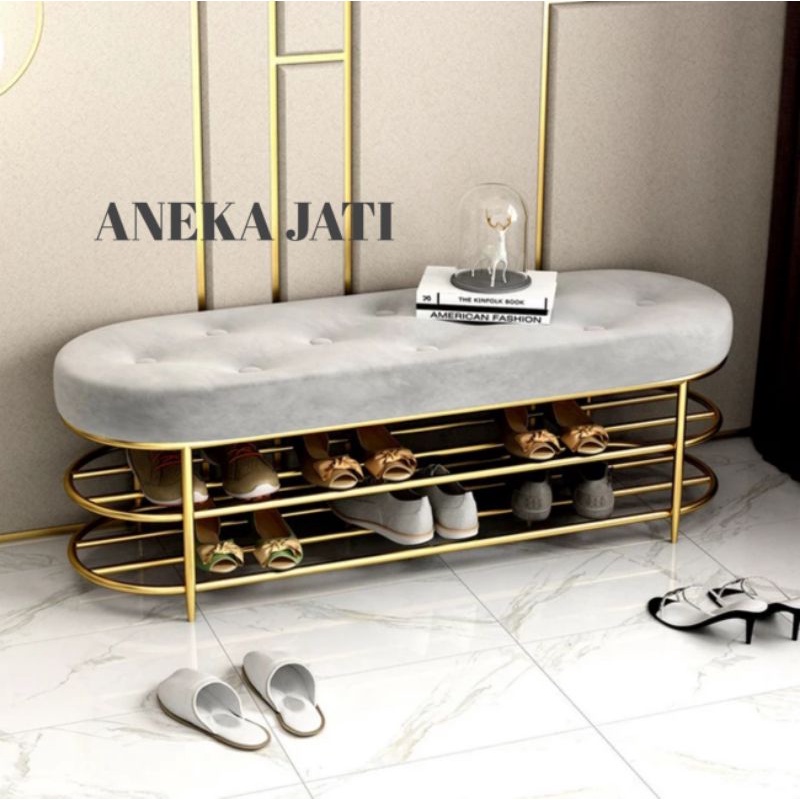 SOFA STOOL BENCH KURSI RAK SEPATU MINIMALIS STAINLESS BESI GOLD TERBARU TERMURAH