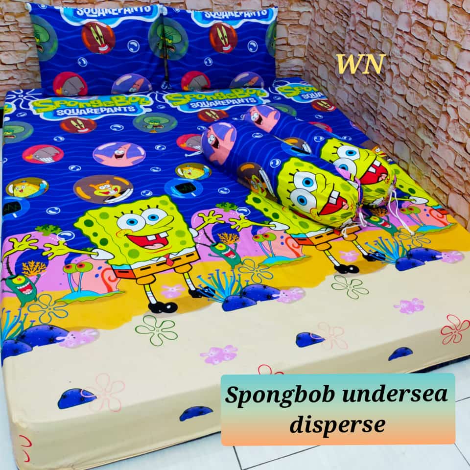 SPREI KARET KATUN PREMIUM 100/120/160/180/200 MOTIF KARTUN SPONGEBOB SPONGE BOB UNDERSEA BIRU TUA NA