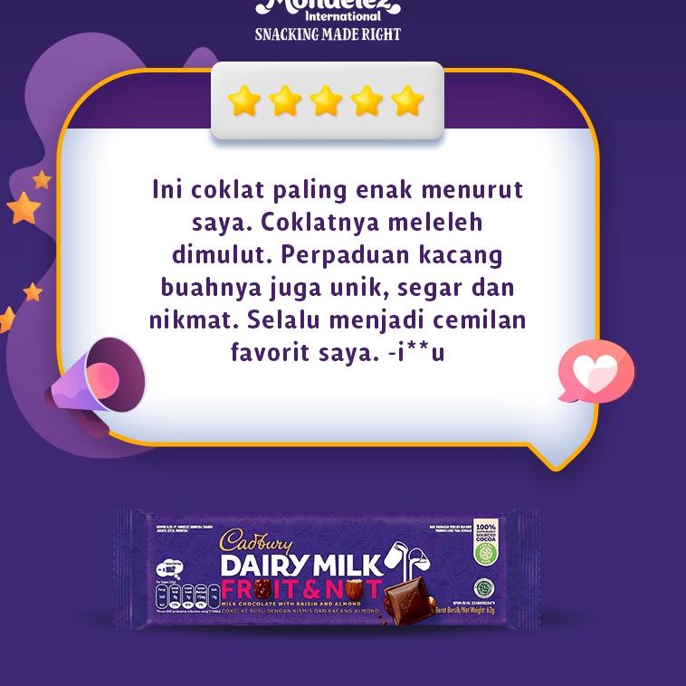 

[PRODUK Y0WGT] Cadbury Dairy Milk Chocolate Original Regular 62g, coklat dengan susu untuk Camilan EF0
