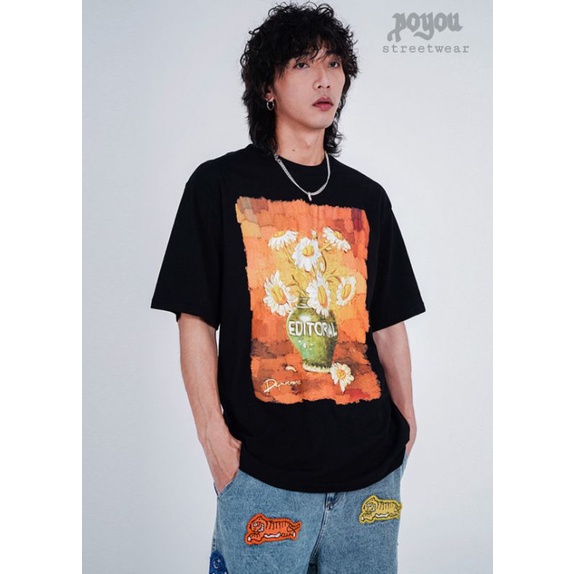 kaos oversize unisex &quot;flowers&quot; gaya Korea streetwear baju tshirt pria dan wanita