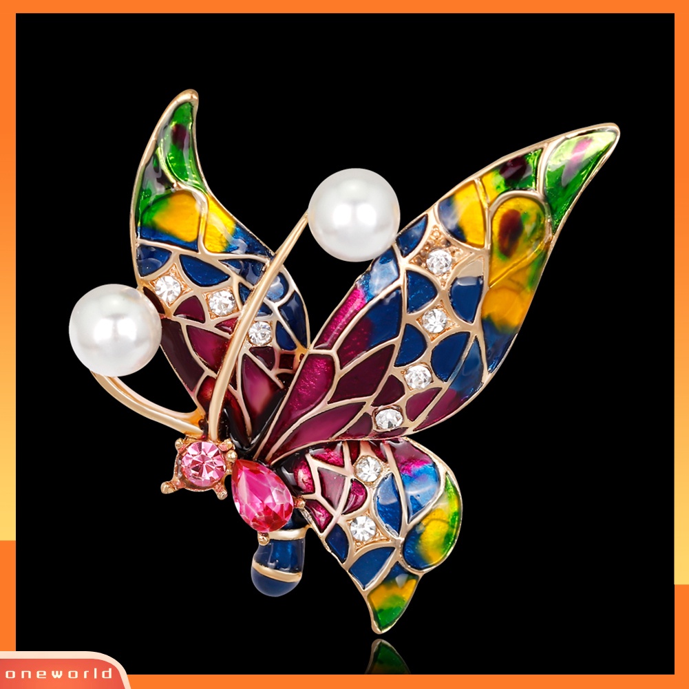 [WONE] Wanita Retro Multicolor Enamel Faux Pearl Antennae Butterfly Bros Pin Perhiasan