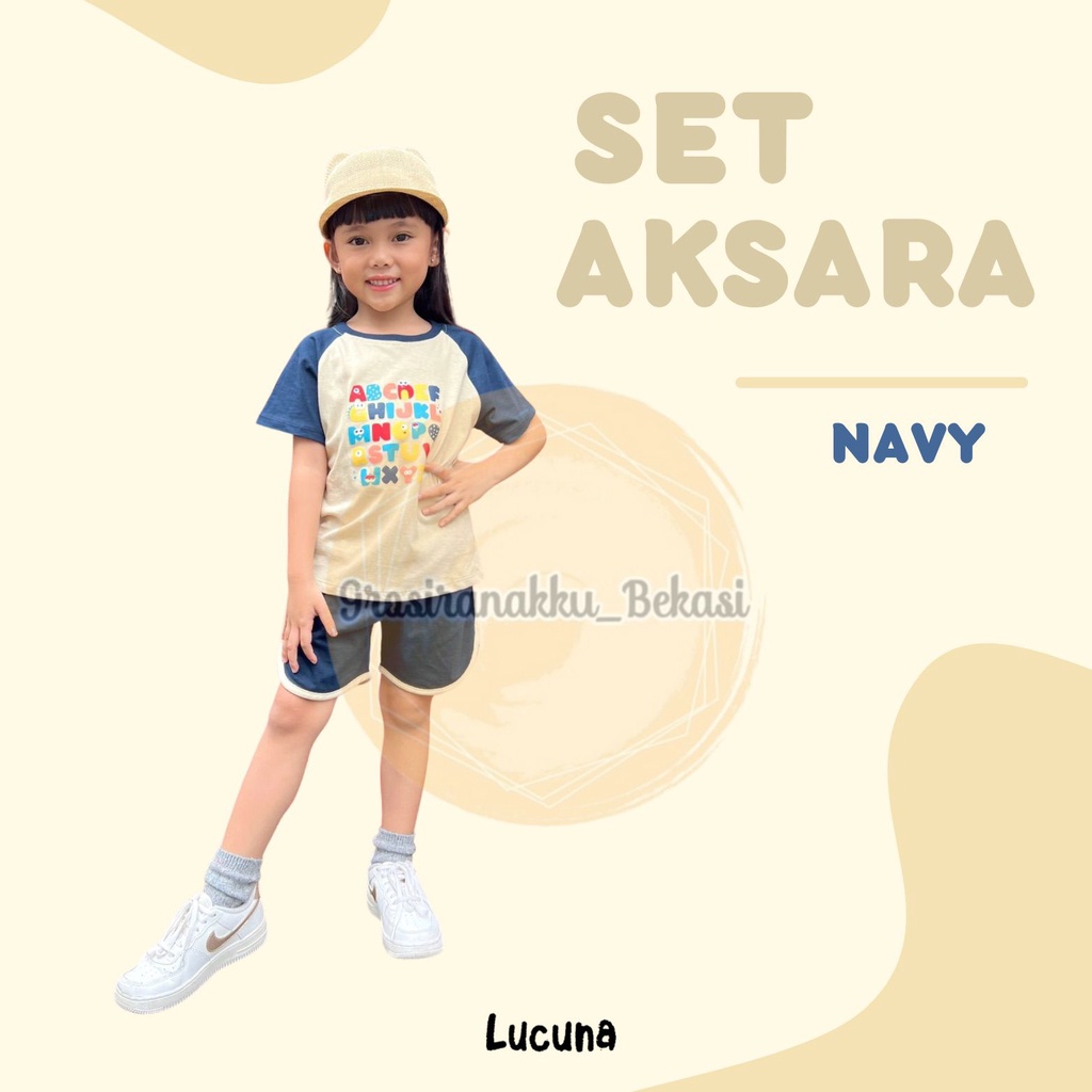 Setelan Anak Cewek Aksara Lucuna  Warna Navy Size 1-5 THN