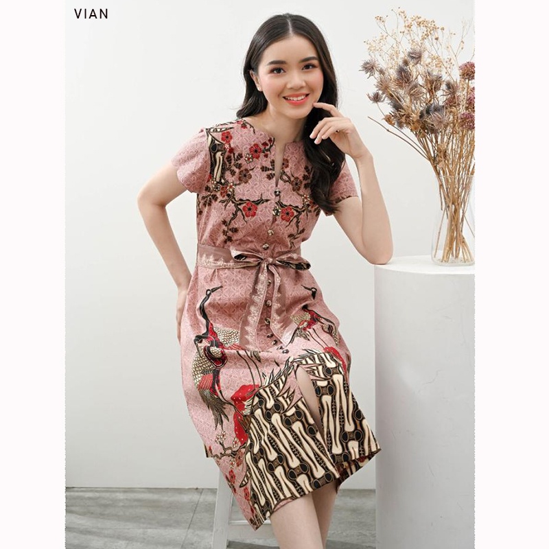 Evercloth Vian Dress Batik Wanita Dress Wanita Terusan Batik Couple Gaun Seragam Family Pita Aline