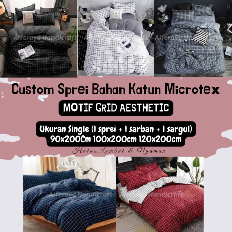 Sprei SINGLE Bahan Katun Microtex Motif Grid Aesthetic | Sprei Motif Kotak2 | Sprei uk. 90x200 100x2
