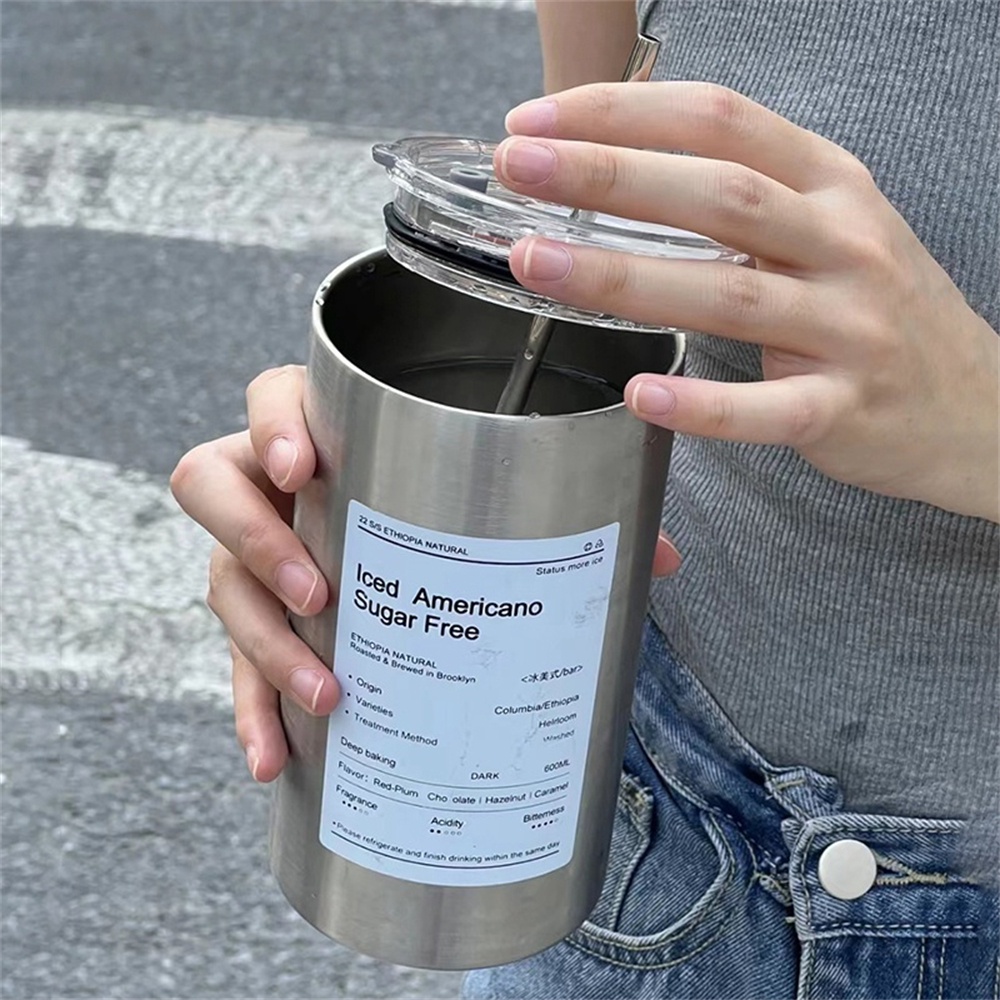 ღ Kopi Amerika Straw Cup Double-Layer Stainless Steel Mug Tahan Karat Sederhana Fashion Es Kopi Mug Dapat Digunakan Kembali bisnis Botol Air untuk Teman Hadiah