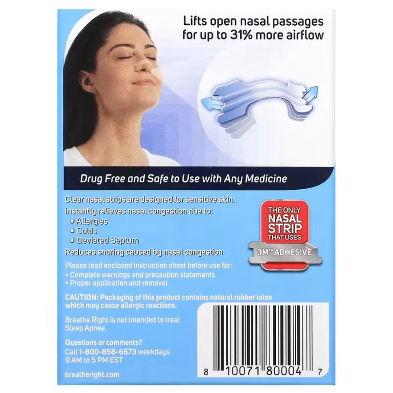 Breathe Right Clear Nasal Strips 30 S/M Strips Legakan Hidung Mampet Cegah Ngorok ORI USA