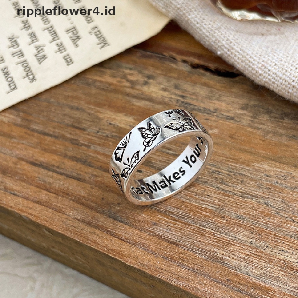 {rippleflower4.id} Vintage Handmade Ukir Cincin Kupu-Kupu Untuk Wanita Hip Hop Cincin Jari Perak Perhiasan Fashion~