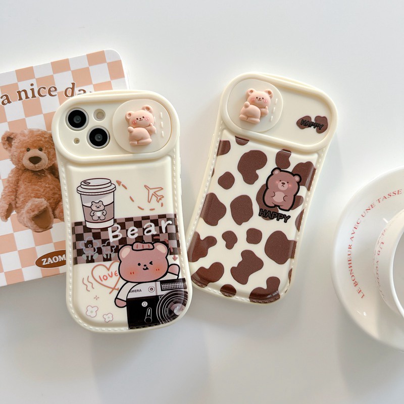 Leopard Print &amp; Milk Bear Doll Push The Window Cover Soft Case iP iPhone 11 12 13 14 Pro Max Brown Casing Apple