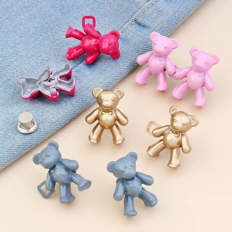 Papaozhu 1pasang Lovely Bear Celana Pengencang Pinggang Kancing Pin Untuk Jeans Tanpa Jahitan Kancing Instan Detachable Waistband Tighten Buckle for Trousers Skirt Clothes