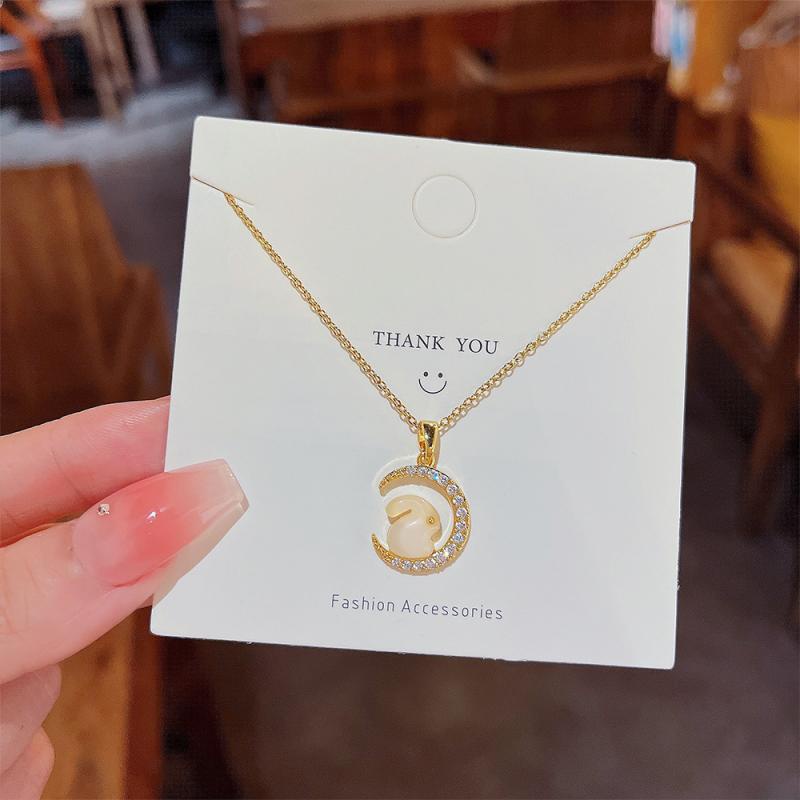 XiaoboACC Korea Fashion Micro Inlay Zirkon Bulan Kelinci Titanium Steel Klavikula Rantai Kalung - 40CM+6CM